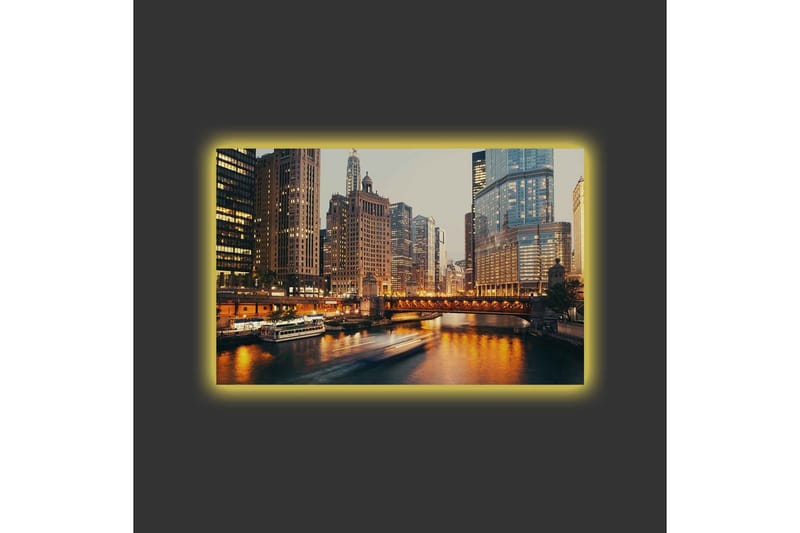 Lerretsbilde med LED-belysning - Bylandskap med skyskrapere ved en elv i skumringen - Gull / Blå / Grå - Innredning - Bilder & kunst - Lerretsbilder