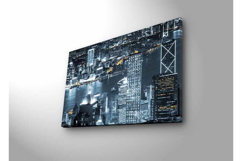 Lerretsbilde med LED-belysning - Bysilhuett av en nattlig skyline med lysrefleksjoner i vannet - Svart / Grå / Hvit - Innredning - Bilder & kunst - Lerretsbilder