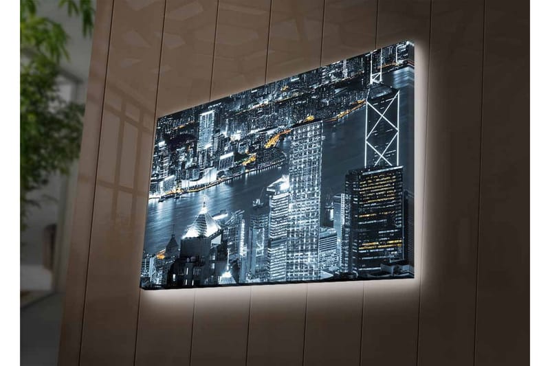 Lerretsbilde med LED-belysning - Bysilhuett av en nattlig skyline med lysrefleksjoner i vannet - Svart / Grå / Hvit - Innredning - Bilder & kunst - Lerretsbilder