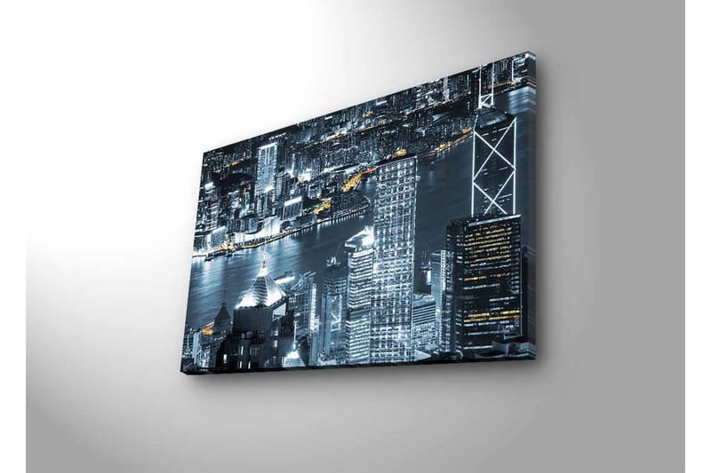 Lerretsbilde med LED-belysning - Bysilhuett av en nattlig skyline med lysrefleksjoner i vannet - Svart / Grå / Hvit - Innredning - Bilder & kunst - Lerretsbilder