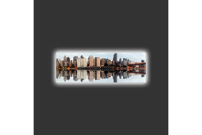 Lerretsbilde med LED-belysning - Bysilhuett med refleksjoner i vannet - Grå / Beige / Oransje - Innredning - Bilder & kunst - Lerretsbilder