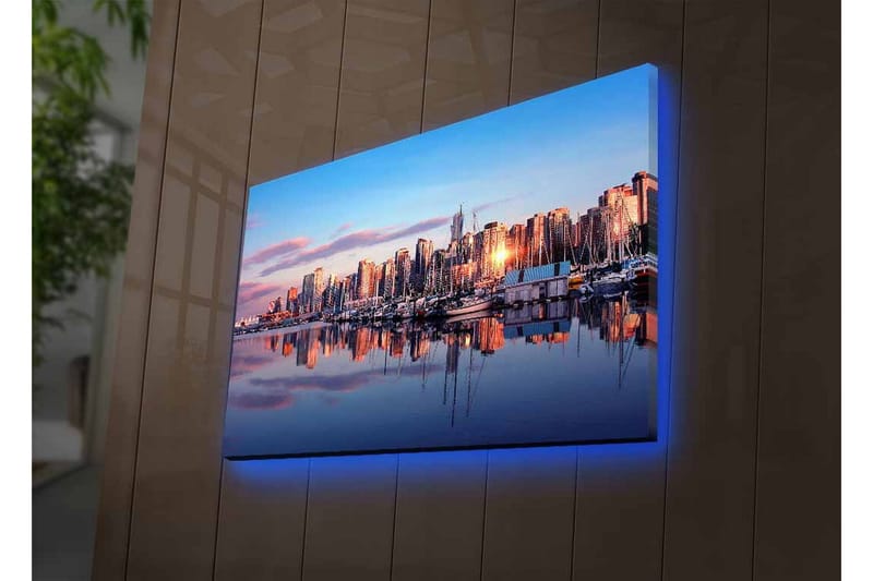 Lerretsbilde med LED-belysning - Bysilhuett ved solnedgang med refleksjoner i vannet - Blå / Oransje / Lilla - Innredning - Bilder & kunst - Lerretsbilder
