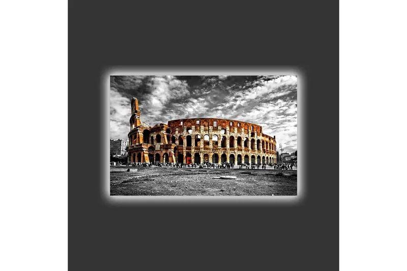 Lerretsbilde med LED-belysning - Colosseum i svart-hvitt med innslag av oransje og rødt - Svart / Oransje / Rød - Innredning - Bilder & kunst - Lerretsbilder