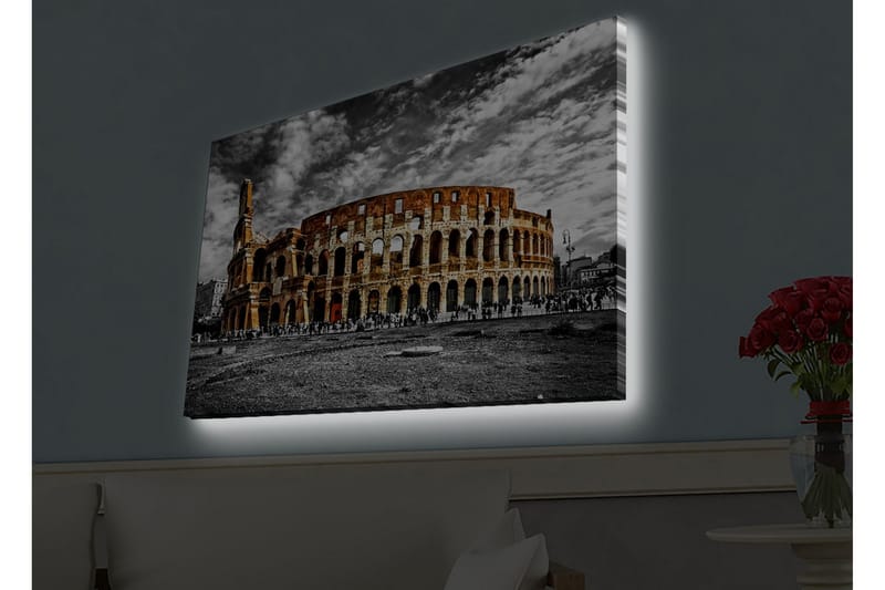 Lerretsbilde med LED-belysning - Colosseum i svart-hvitt med innslag av oransje og rødt - Svart / Oransje / Rød - Innredning - Bilder & kunst - Lerretsbilder
