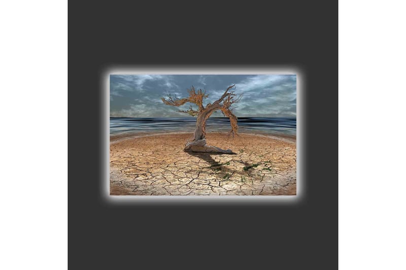 Lerretsbilde med LED-belysning - Dødt tre på en sprukket jordoverflate ved havet - Brun / Grå / Blå - Innredning - Bilder & kunst - Lerretsbilder