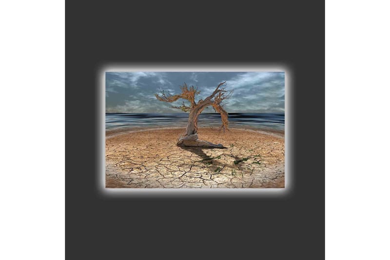Lerretsbilde med LED-belysning - Dødt tre på en sprukket jordoverflate ved havet - Brun / Grå / Blå - Innredning - Bilder & kunst - Lerretsbilder