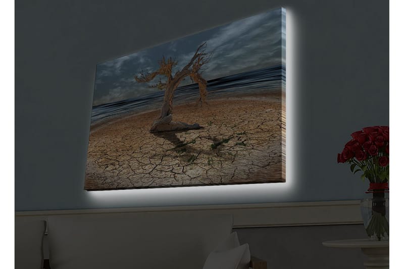 Lerretsbilde med LED-belysning - Dødt tre på en sprukket jordoverflate ved havet - Brun / Grå / Blå - Innredning - Bilder & kunst - Lerretsbilder