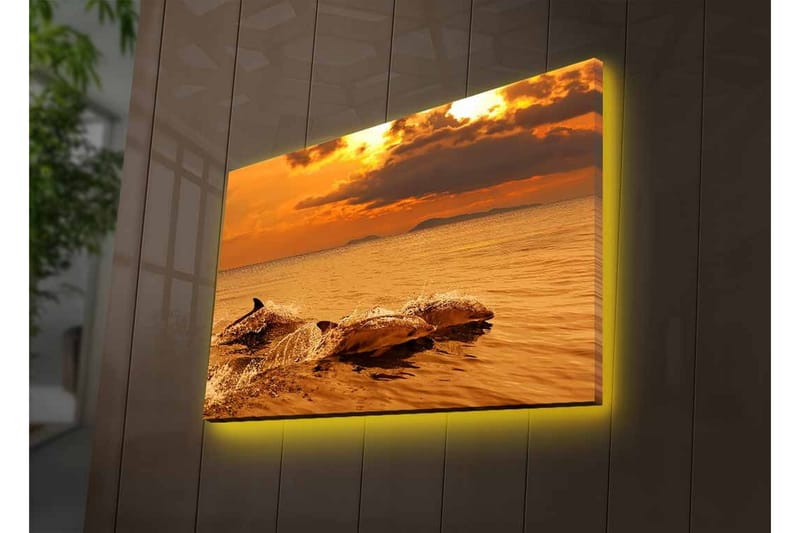 Lerretsbilde med LED-belysning - Delfiner som hopper i solnedgangens glødende lys - Gull / Oransje / Brun - Innredning - Bilder & kunst - Lerretsbilder