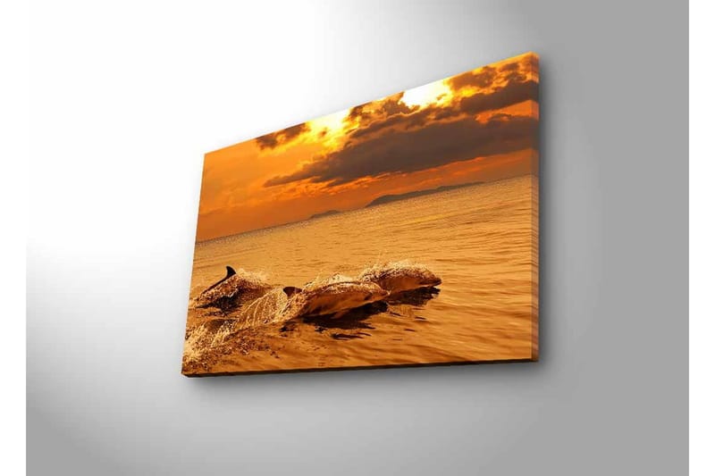 Lerretsbilde med LED-belysning - Delfiner som hopper i solnedgangens glødende lys - Gull / Oransje / Brun - Innredning - Bilder & kunst - Lerretsbilder