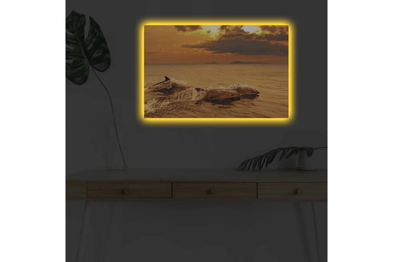 Lerretsbilde med LED-belysning - Delfiner som hopper i solnedgangens glødende lys - Gull / Oransje / Brun - Innredning - Bilder & kunst - Lerretsbilder
