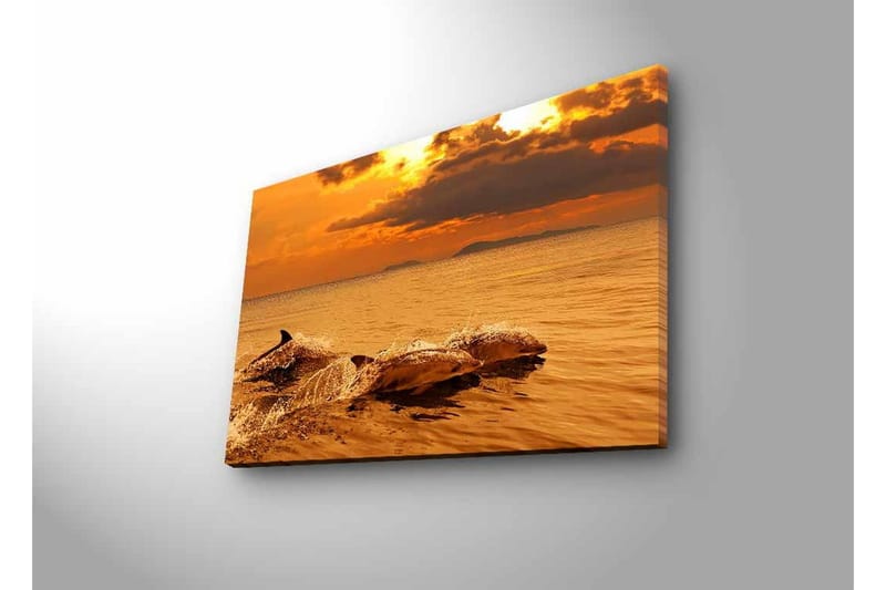 Lerretsbilde med LED-belysning - Delfiner som hopper i solnedgangens glødende lys - Gull / Oransje / Brun - Innredning - Bilder & kunst - Lerretsbilder