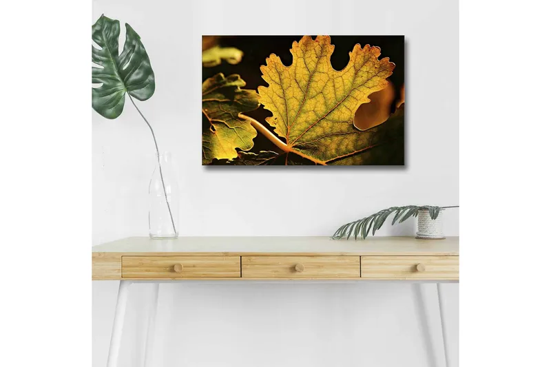 Lerretsbilde med LED-belysning - Detaljert komposisjon av grønne og gylne blader, Grønn / Gyllen