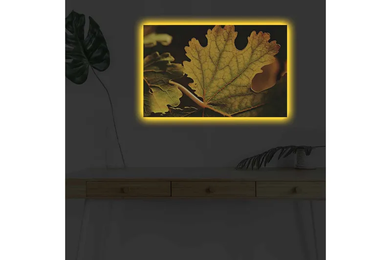 Lerretsbilde med LED-belysning - Detaljert komposisjon av grønne og gylne blader - Grønn / Gyllen - Innredning - Bilder & kunst - Lerretsbilder
