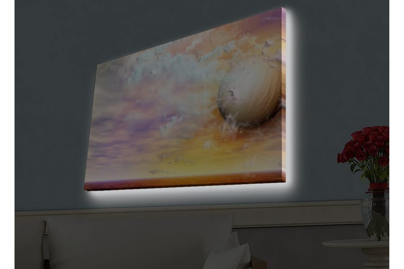 Lerretsbilde med LED-belysning - Drømmeaktig landskap med en stor planet og fargerike skyer - Lilla / Oransje / Beige - Innredning - Bilder & kunst - Lerretsbilder