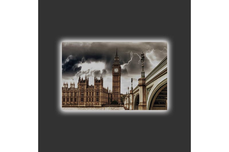 Lerretsbilde med LED-belysning - Dramatisk bybilde med Big Ben og en bro under mørke skyer - Grå / Beige / Mørk brun - Innredning - Bilder & kunst - Lerretsbilder