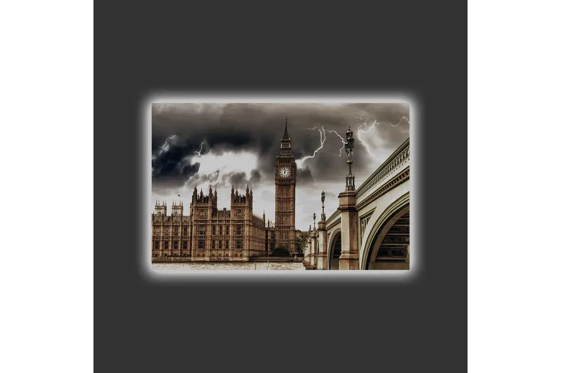 Lerretsbilde med LED-belysning - Dramatisk bybilde med Big Ben og en bro under mørke skyer - Grå / Beige / Mørk brun - Innredning - Bilder & kunst - Lerretsbilder