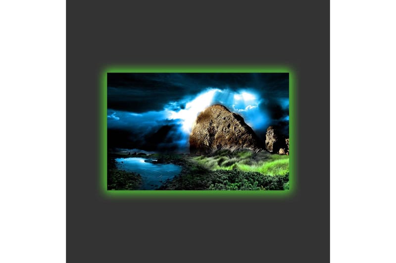 Lerretsbilde med LED-belysning - Dramatisk landskap med klipper og stormfulle skyer - Mørk blå / Grønn / Svart - Innredning - Bilder & kunst - Lerretsbilder