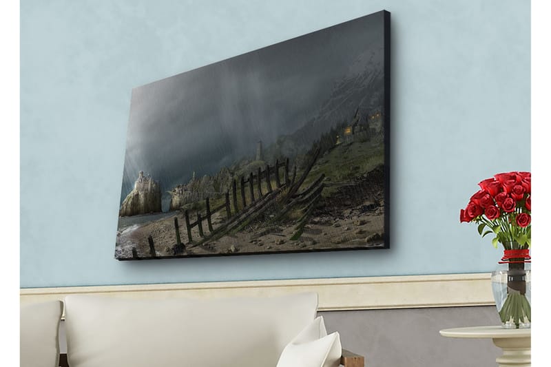 Lerretsbilde med LED-belysning - Dramatisk landskap med stormskyer og kystlinje - Mørkegrå / Grønn / Brun - Innredning - Bilder & kunst - Lerretsbilder