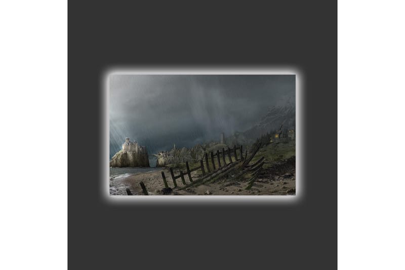 Lerretsbilde med LED-belysning - Dramatisk landskap med stormskyer og kystlinje - Mørkegrå / Grønn / Brun - Innredning - Bilder & kunst - Lerretsbilder