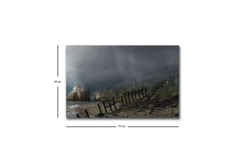 Lerretsbilde med LED-belysning - Dramatisk landskap med stormskyer og kystlinje - Mørkegrå / Grønn / Brun - Innredning - Bilder & kunst - Lerretsbilder