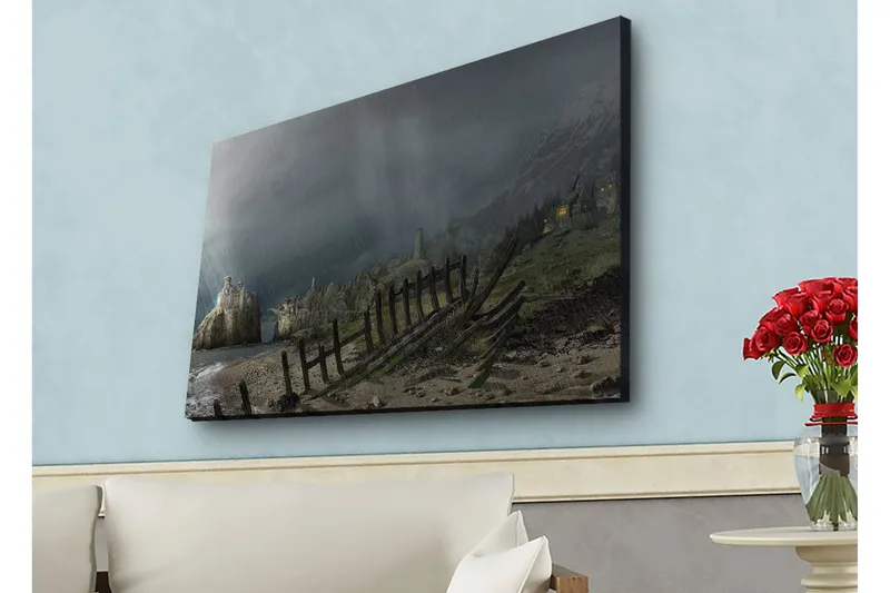 Lerretsbilde med LED-belysning - Dramatisk landskap med stormskyer og kystlinje, Mørkegrå / Grønn / Brun