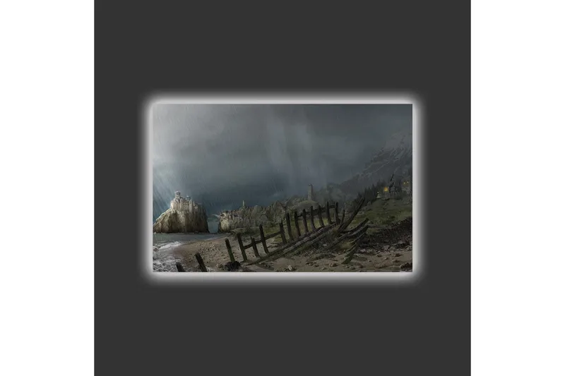 Lerretsbilde med LED-belysning - Dramatisk landskap med stormskyer og kystlinje - Mørkegrå / Grønn / Brun - Innredning - Bilder & kunst - Lerretsbilder