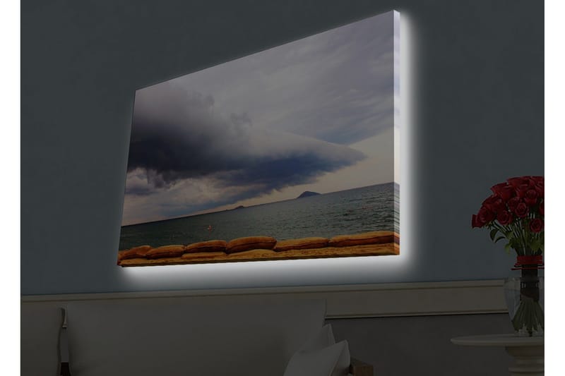Lerretsbilde med LED-belysning - Dramatisk sjølandskap med mørke skyer og rolig vann, Mørk blå / Grå / Beige