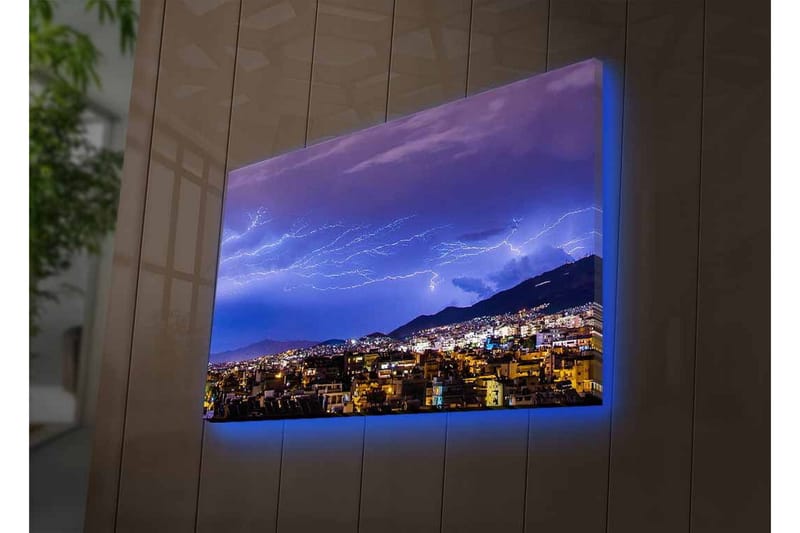 Lerretsbilde med LED-belysning - Dramatisk tordenvær over en bysilhuett - Mørk blå / Lilla / Hvit - Innredning - Bilder & kunst - Lerretsbilder