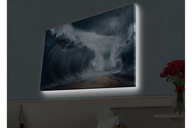 Lerretsbilde med LED-belysning - Dramatiske bølger i stormfullt hav - Mørk blå / Grå / Hvit - Innredning - Bilder & kunst - Lerretsbilder
