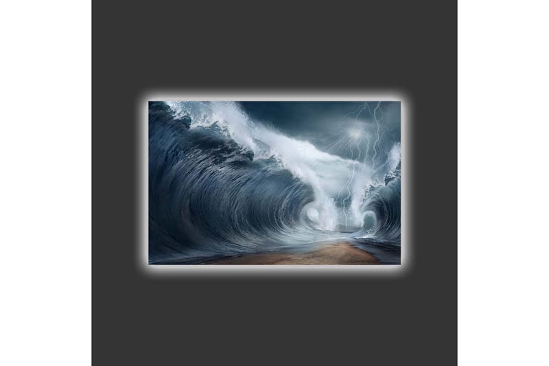 Lerretsbilde med LED-belysning - Dramatiske bølger i stormfullt hav - Mørk blå / Grå / Hvit - Innredning - Bilder & kunst - Lerretsbilder