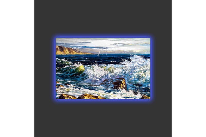 Lerretsbilde med LED-belysning - Dramatiske bølger som slår mot steiner ved havet - Mørk blå / Hvit / Grønn - Innredning - Bilder & kunst - Lerretsbilder