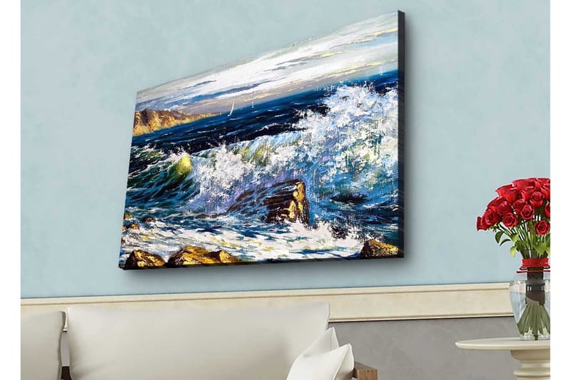 Lerretsbilde med LED-belysning - Dramatiske bølger som slår mot steiner ved havet - Mørk blå / Hvit / Grønn - Innredning - Bilder & kunst - Lerretsbilder