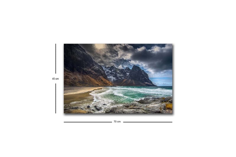 Lerretsbilde med LED-belysning - Dramatiske fjell med snø og en turkis strand - Mørkegrå / Turkis / Beige - Innredning - Bilder & kunst - Lerretsbilder