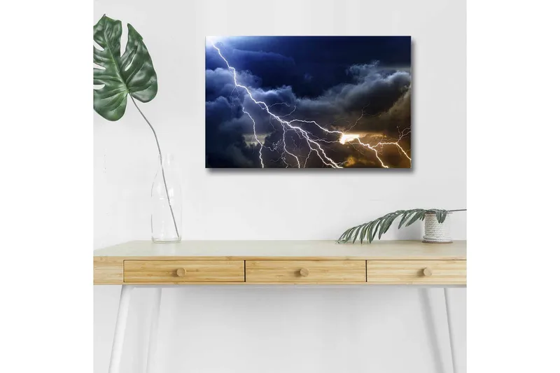 Lerretsbilde med LED-belysning - Dramatiske tordenskyer med lyn som skjærer gjennom himmelen, Mørk blå / Grå / Hvit