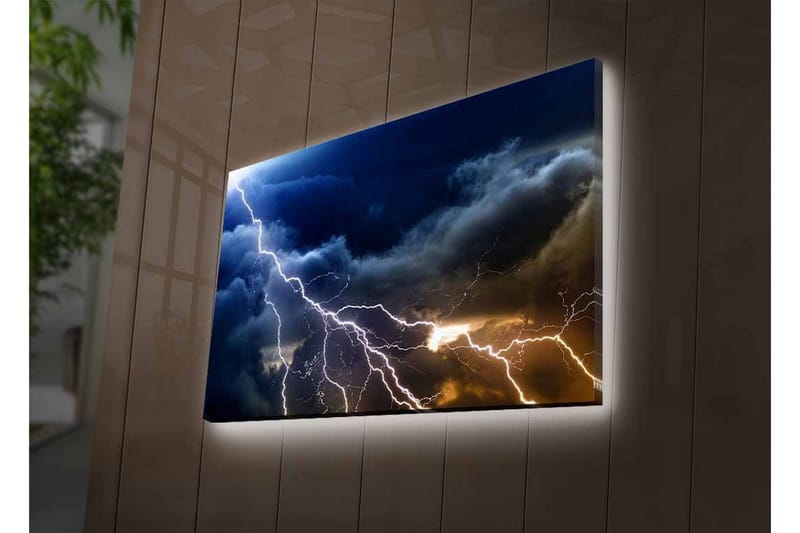 Lerretsbilde med LED-belysning - Dramatiske tordenskyer med lyn som skjærer gjennom himmelen - Mørk blå / Grå / Hvit - Innredning - Bilder & kunst - Lerretsbilder