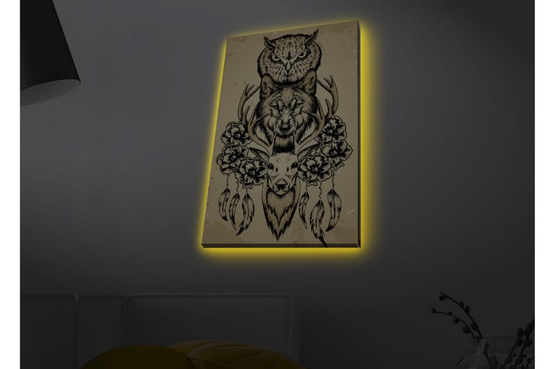 Lerretsbilde med LED-belysning - Dyrekomposisjon med ugle, ulv og hjort omgitt av blomster og fjær - Svart / Beige - Innredning - Bilder & kunst - Lerretsbilder