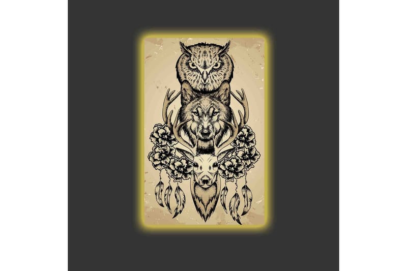 Lerretsbilde med LED-belysning - Dyrekomposisjon med ugle, ulv og hjort omgitt av blomster og fjær - Svart / Beige - Innredning - Bilder & kunst - Lerretsbilder