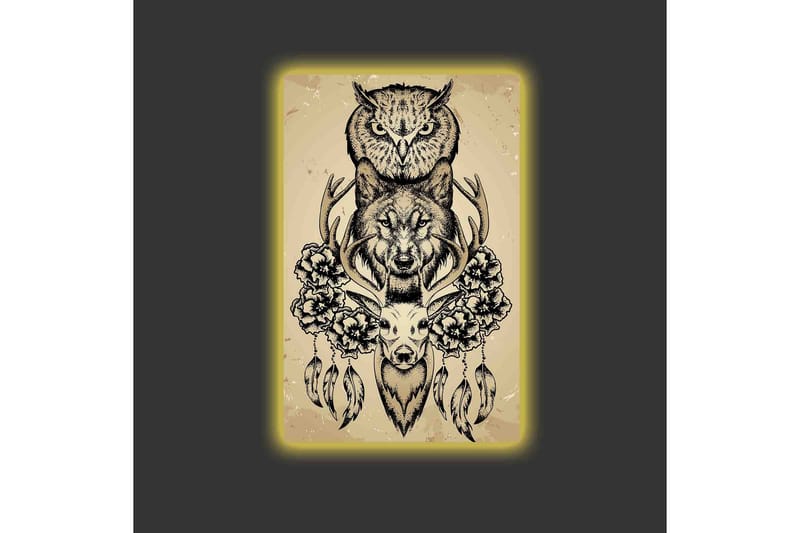 Lerretsbilde med LED-belysning - Dyrekomposisjon med ugle, ulv og hjort omgitt av blomster og fjær - Svart / Beige - Innredning - Bilder & kunst - Lerretsbilder