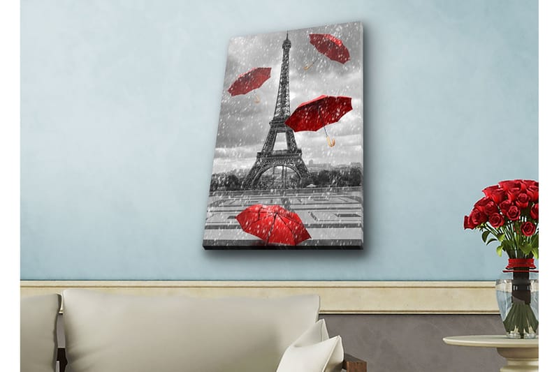 Lerretsbilde med LED-belysning - Eiffeltårnet omgitt av røde paraplyer i regnvær, Rød / Grå