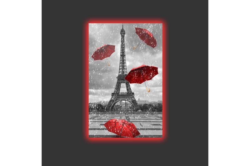 Lerretsbilde med LED-belysning - Eiffeltårnet omgitt av røde paraplyer i regnvær - Rød / Grå - Innredning - Bilder & kunst - Lerretsbilder