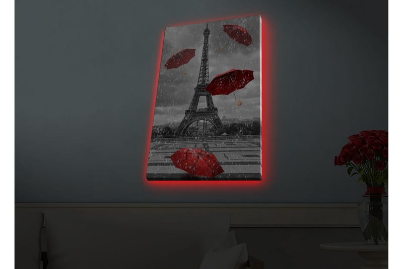Lerretsbilde med LED-belysning - Eiffeltårnet omgitt av røde paraplyer i regnvær - Rød / Grå - Innredning - Bilder & kunst - Lerretsbilder