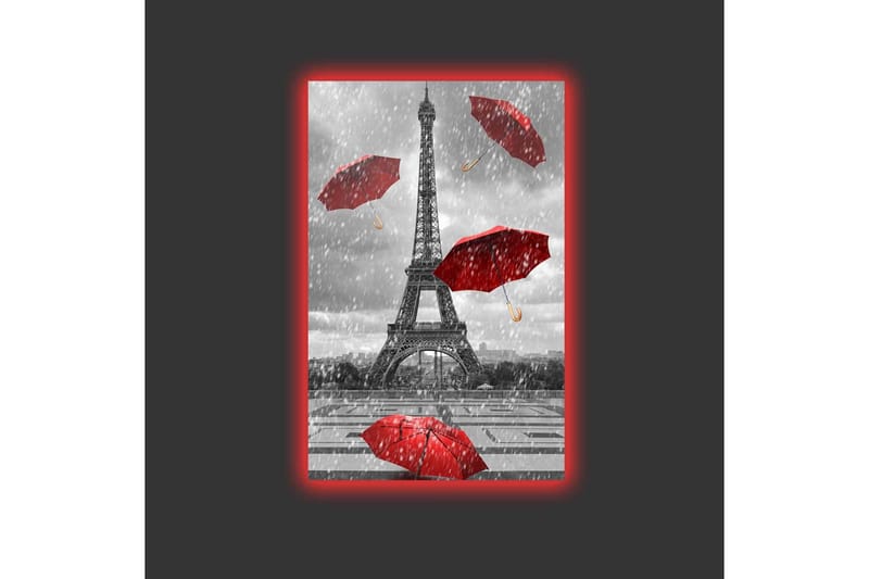 Lerretsbilde med LED-belysning - Eiffeltårnet omgitt av røde paraplyer i regnvær - Rød / Grå - Innredning - Bilder & kunst - Lerretsbilder