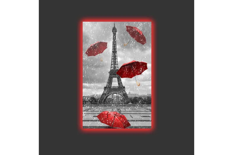 Lerretsbilde med LED-belysning - Eiffeltårnet omgitt av røde paraplyer i regnvær - Rød / Grå - Innredning - Bilder & kunst - Lerretsbilder