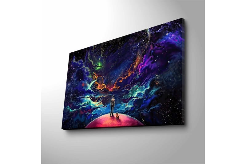 Lerretsbilde med LED-belysning - Fantastisk romscene med en mann og en hund på en planet - Lilla / Blå / Rosa - Innredning - Bilder & kunst - Lerretsbilder