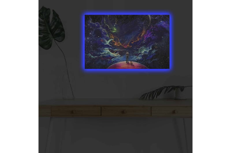 Lerretsbilde med LED-belysning - Fantastisk romscene med en mann og en hund på en planet - Lilla / Blå / Rosa - Innredning - Bilder & kunst - Lerretsbilder