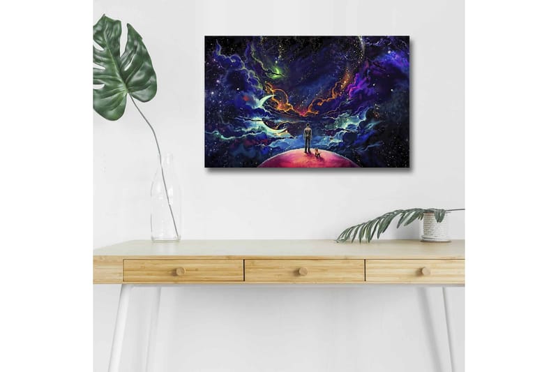 Lerretsbilde med LED-belysning - Fantastisk romscene med en mann og en hund på en planet - Lilla / Blå / Rosa - Innredning - Bilder & kunst - Lerretsbilder