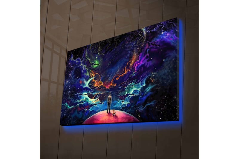 Lerretsbilde med LED-belysning - Fantastisk romscene med en mann og en hund på en planet - Lilla / Blå / Rosa - Innredning - Bilder & kunst - Lerretsbilder