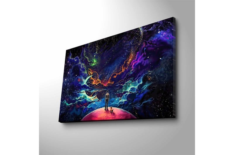 Lerretsbilde med LED-belysning - Fantastisk romscene med en mann og en hund på en planet - Lilla / Blå / Rosa - Innredning - Bilder & kunst - Lerretsbilder