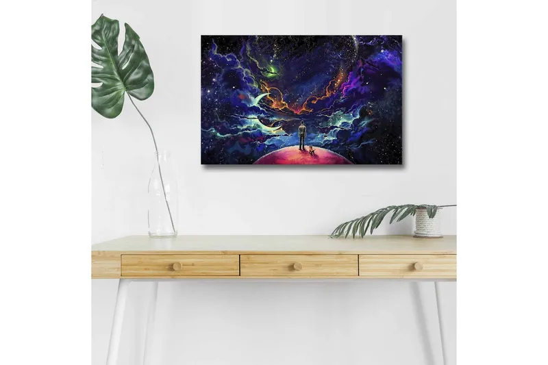 Lerretsbilde med LED-belysning - Fantastisk romscene med en mann og en hund på en planet - Lilla / Blå / Rosa - Innredning - Bilder & kunst - Lerretsbilder