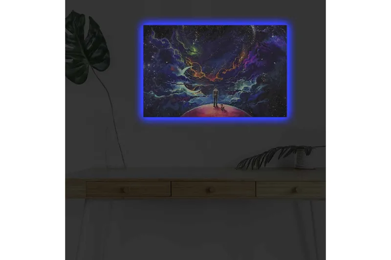 Lerretsbilde med LED-belysning - Fantastisk romscene med en mann og en hund på en planet - Lilla / Blå / Rosa - Innredning - Bilder & kunst - Lerretsbilder